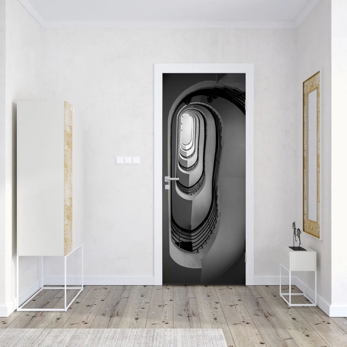 Naklejka na drzwi spiralne schody w perspektywie czarno-białe – Wallissimo® Naklejka na drzwi spiralne schody w perspektywie czarno-białe – Wallissimo®
