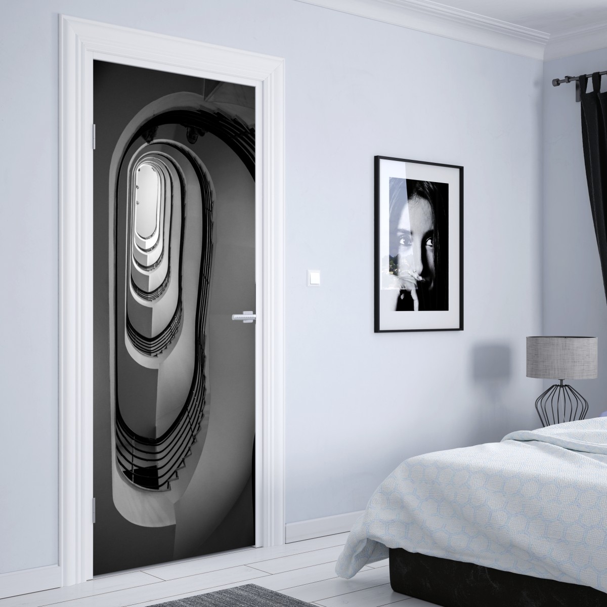 Naklejka na drzwi spiralne schody w perspektywie czarno-białe – Wallissimo® Naklejka na drzwi spiralne schody w perspektywie czarno-białe – Wallissimo®