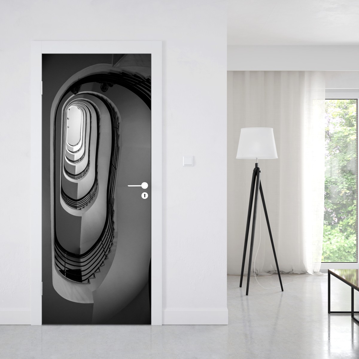 Naklejka na drzwi spiralne schody w perspektywie czarno-białe – Wallissimo® Naklejka na drzwi spiralne schody w perspektywie czarno-białe – Wallissimo®