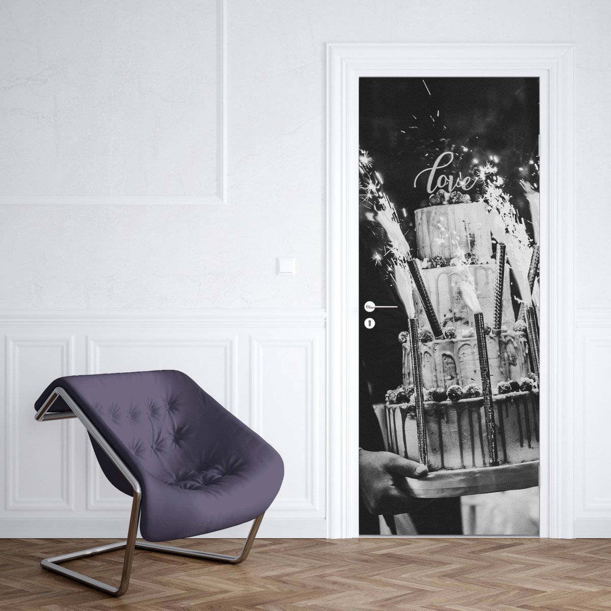 Naklejka na drzwi rustykalny tort ślubny ze zimnymi ogniami – Wallissimo® Naklejka na drzwi rustykalny tort ślubny ze zimnymi ogniami – Wallissimo®