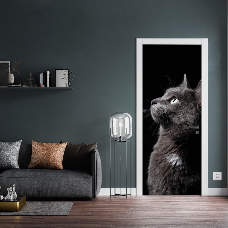 Naklejka na drzwi elegancki portret szarego kota – Wallissimo® Naklejka na drzwi elegancki portret szarego kota – Wallissimo®