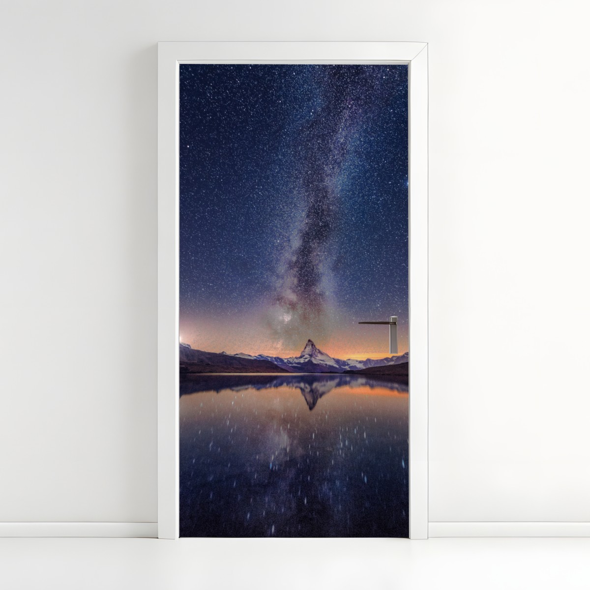 Door sticker milky way over alpine peak reflected in a tranquil lake – Wallissimo®