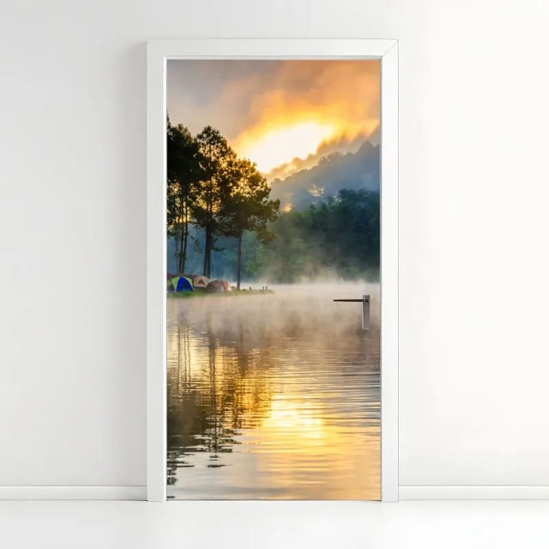 Naklejka na drzwi delikatne białe liście na szarym tle – Wallissimo®