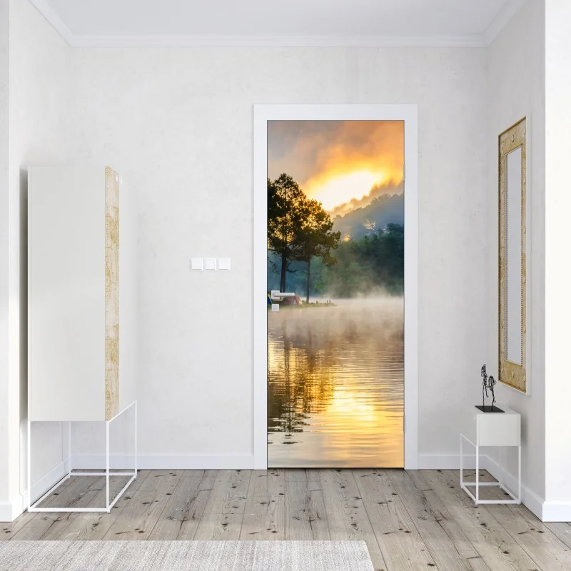 Naklejka na drzwi delikatne białe liście na szarym tle – Wallissimo®