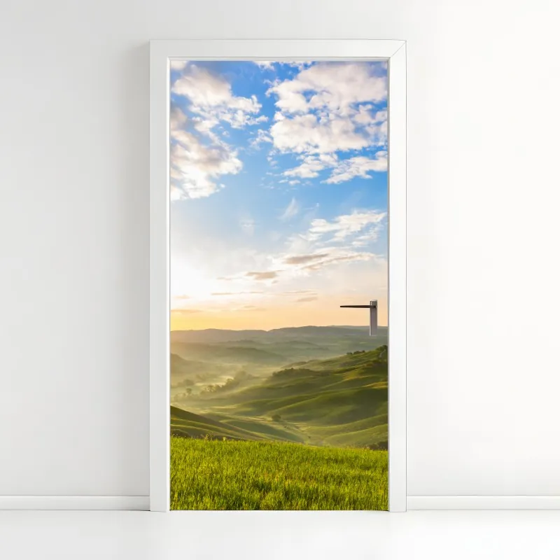 Naklejka na drzwi tropikalny wzór hibiskusa i plumerii – Wallissimo®