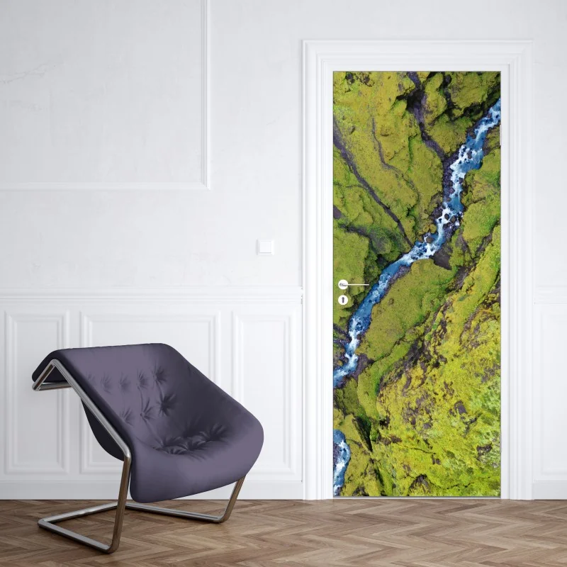 Naklejka na drzwi turkusowo-złota abstrakcyjna marmurkowa faktura – Wallissimo®