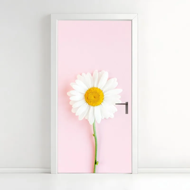 Naklejka na drzwi biała stokrotka na pastelowym różowym tle