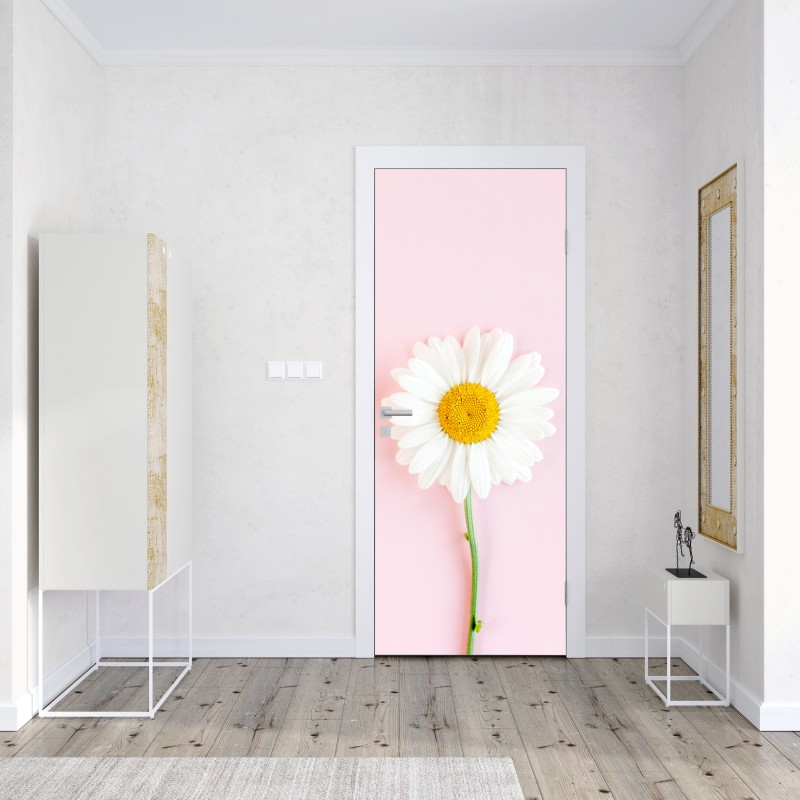 Naklejka na drzwi biała stokrotka na pastelowym różowym tle – Wallissimo® Naklejka na drzwi biała stokrotka na pastelowym różowym tle – Wallissimo®