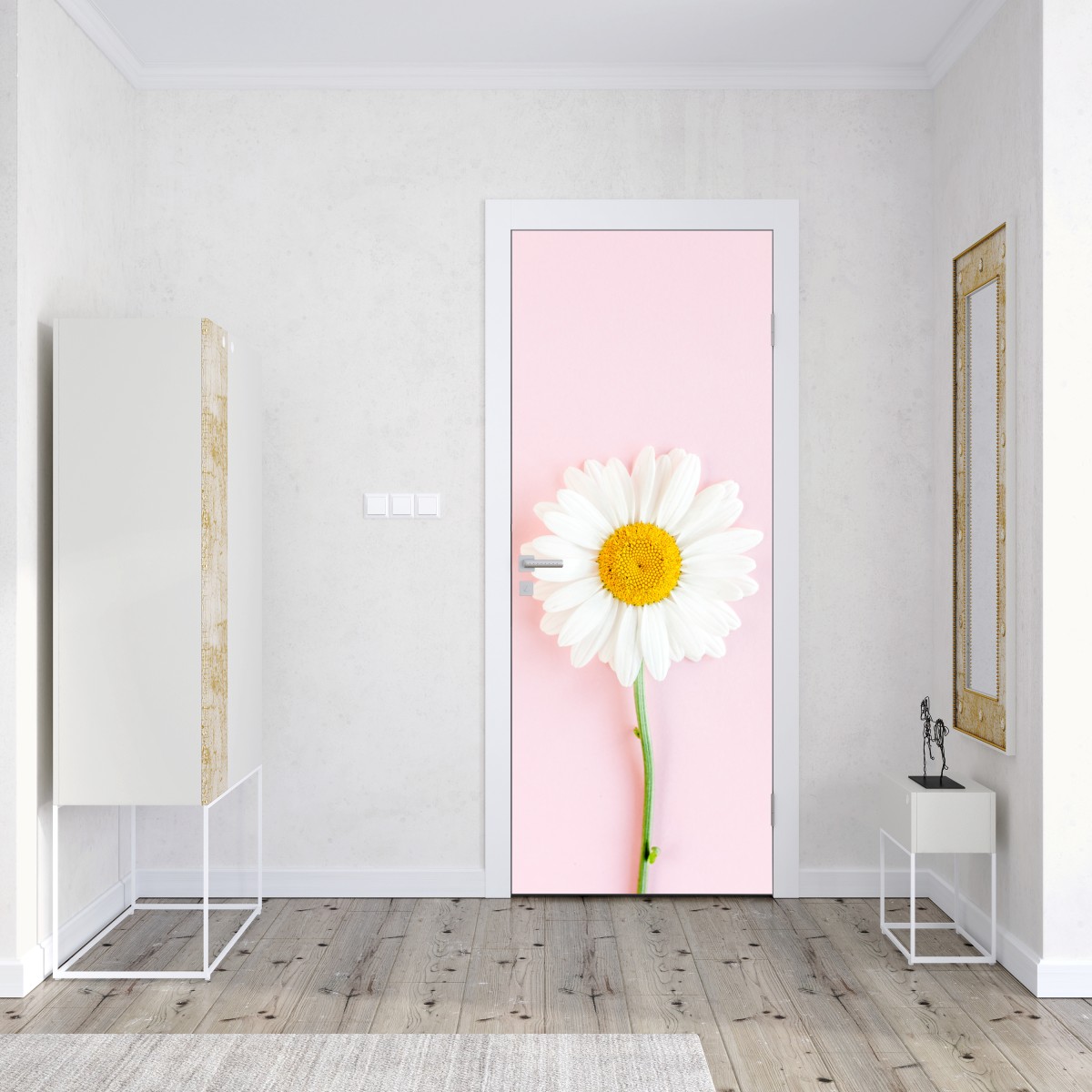 Naklejka na drzwi biała stokrotka na pastelowym różowym tle – Wallissimo® Naklejka na drzwi biała stokrotka na pastelowym różowym tle – Wallissimo®