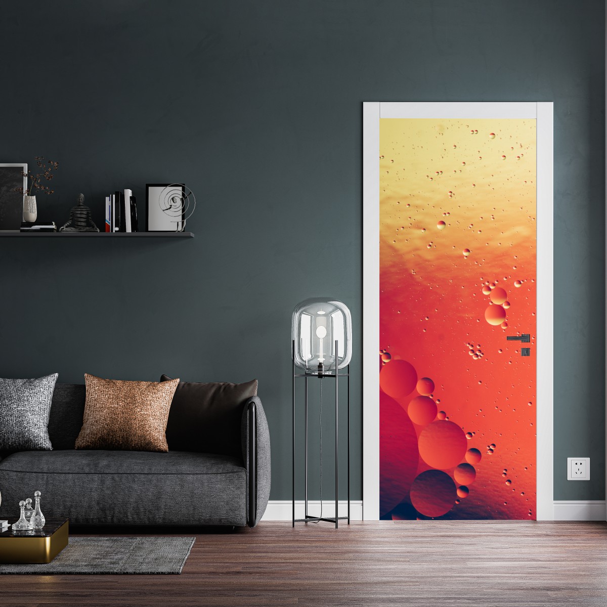 Naklejka na drzwi ciepła pomarańczowa abstrakcja z bąbelkami – Wallissimo® Naklejka na drzwi ciepła pomarańczowa abstrakcja z bąbelkami – Wallissimo®