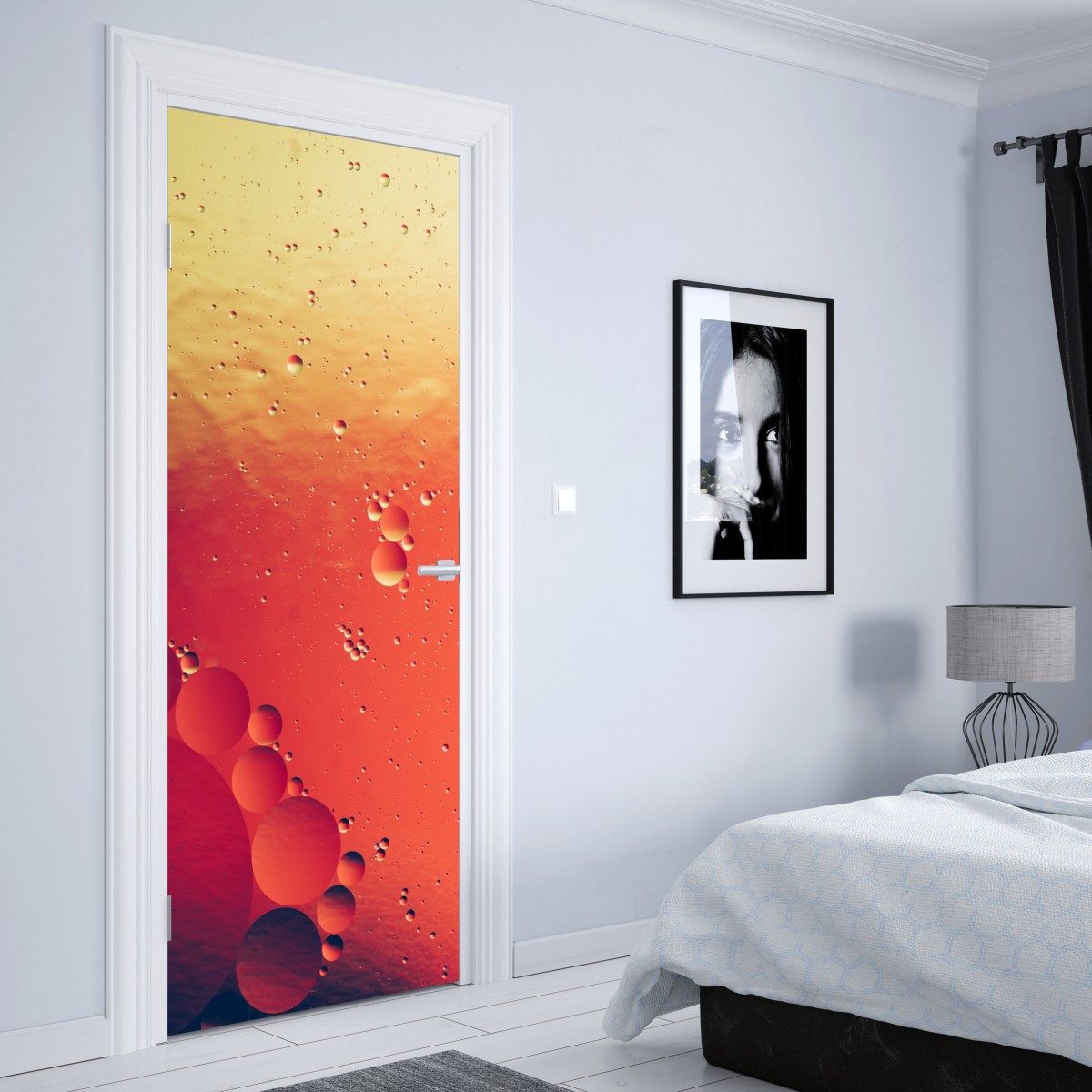 Naklejka na drzwi ciepła pomarańczowa abstrakcja z bąbelkami – Wallissimo® Naklejka na drzwi ciepła pomarańczowa abstrakcja z bąbelkami – Wallissimo®