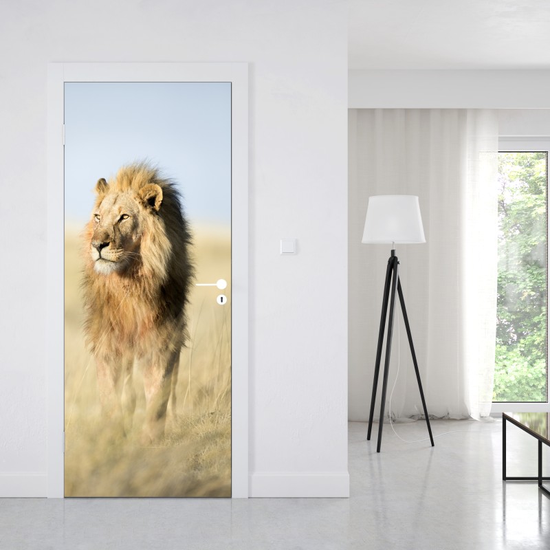 Naklejka na drzwi majestatyczny lew na sawannie – Wallissimo® Naklejka na drzwi majestatyczny lew na sawannie – Wallissimo®