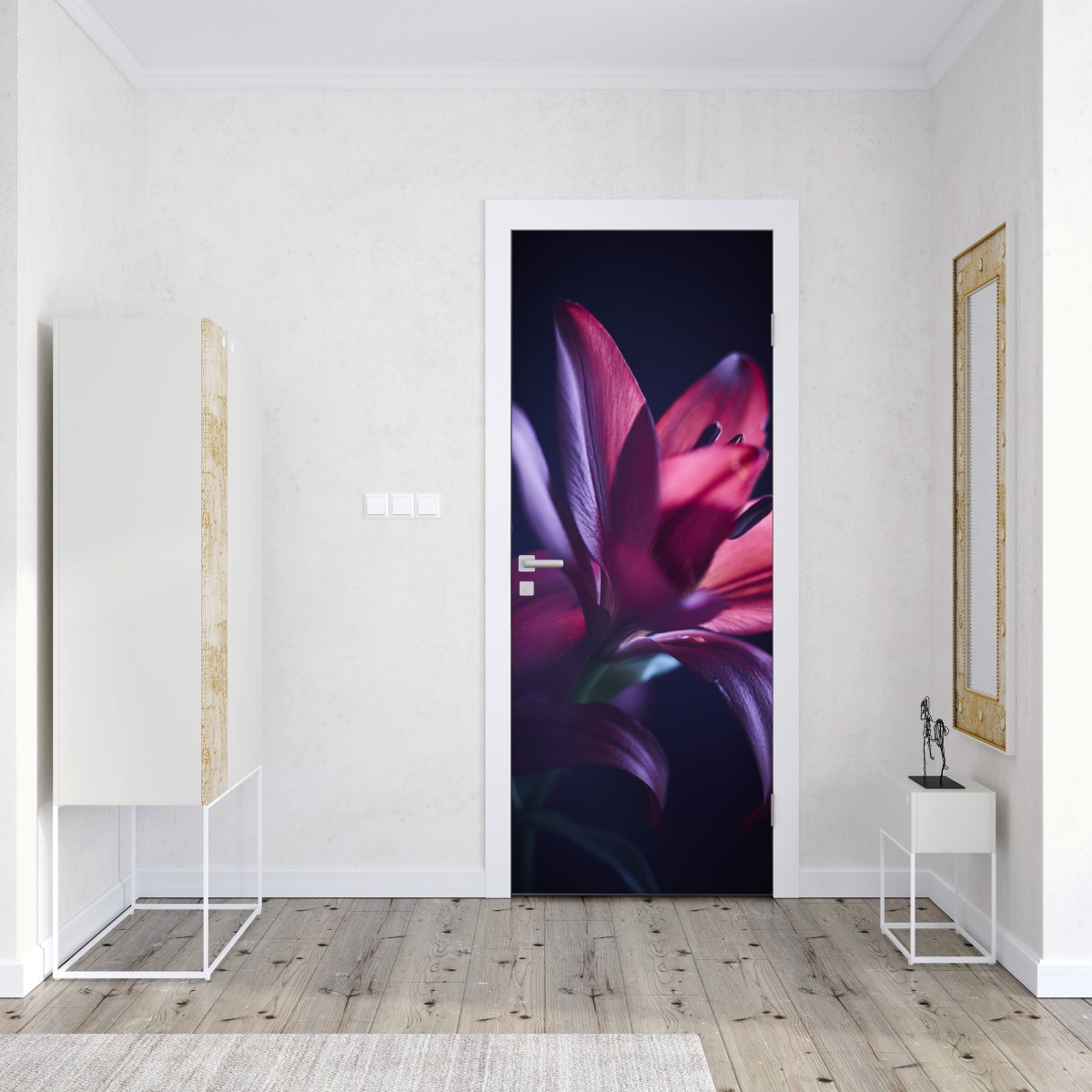 Naklejka na drzwi czerwona lilia w półmroku – Wallissimo® Naklejka na drzwi czerwona lilia w półmroku – Wallissimo®