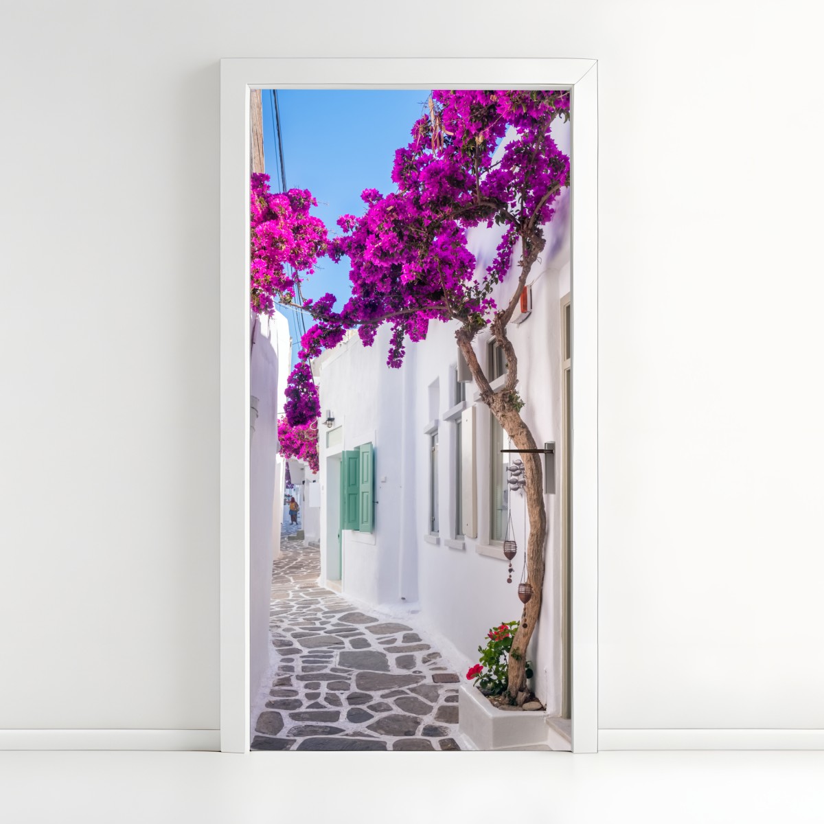 Door sticker sunlit Mediterranean alley with bougainvillea – Wallissimo®