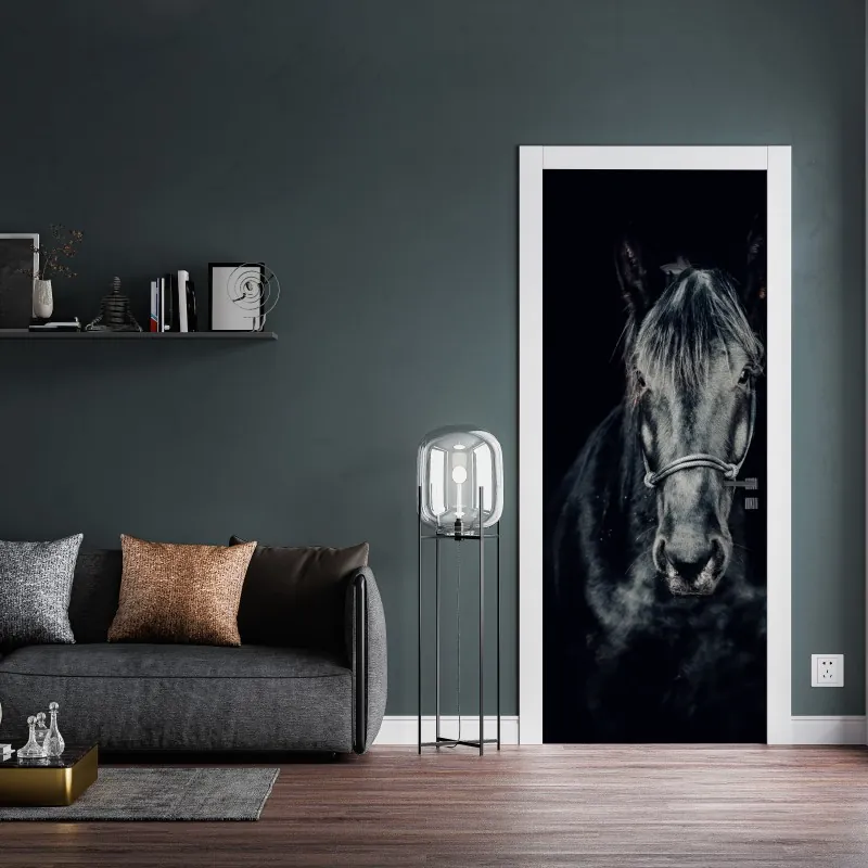 Naklejka na drzwi delikatna gałązka kwitnącej moreli na czarnym tle – Wallissimo®