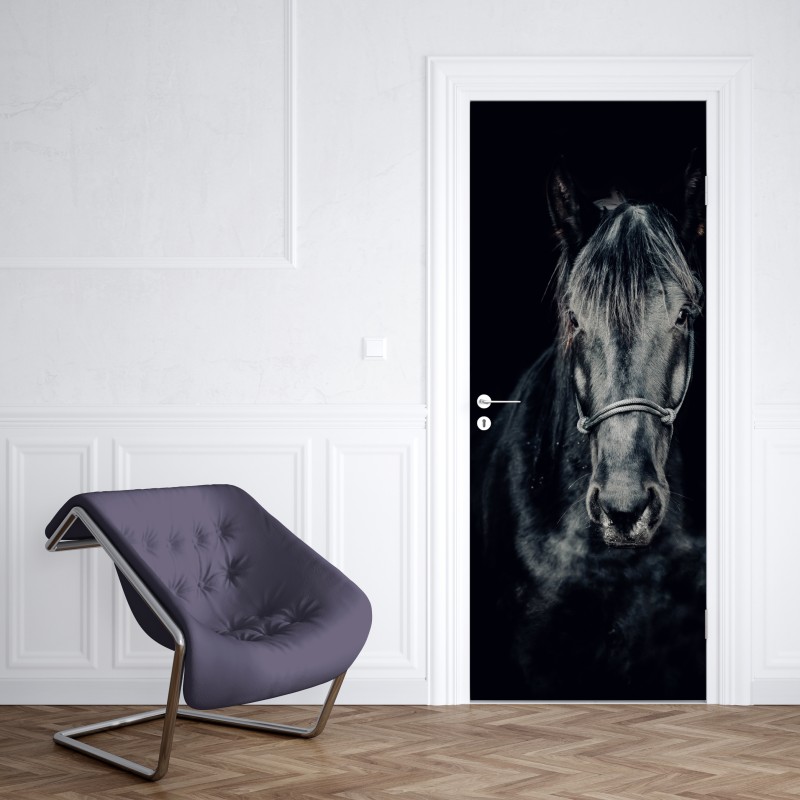Naklejka na drzwi majestatyczny czarny portret konia – Wallissimo® Naklejka na drzwi majestatyczny czarny portret konia – Wallissimo®