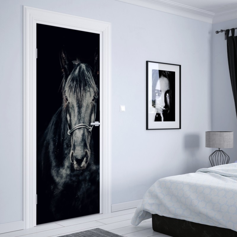 Naklejka na drzwi majestatyczny czarny portret konia – Wallissimo® Naklejka na drzwi majestatyczny czarny portret konia – Wallissimo®