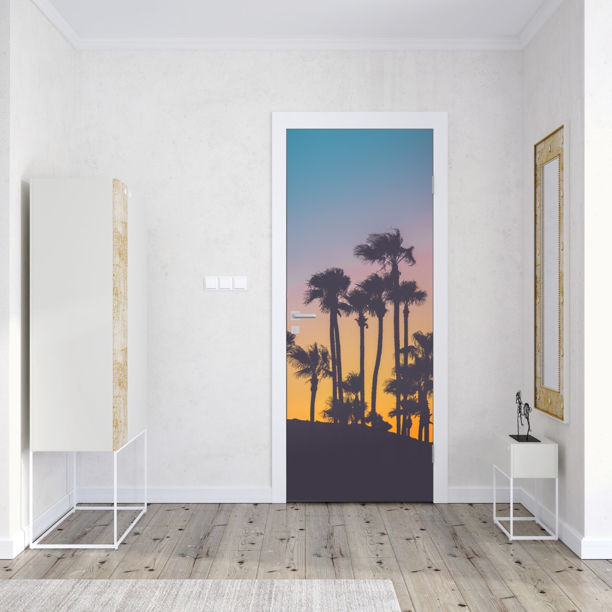 Naklejka na drzwi retro tropikalne palmy o zachodzie słońca – Wallissimo® Naklejka na drzwi retro tropikalne palmy o zachodzie słońca – Wallissimo®