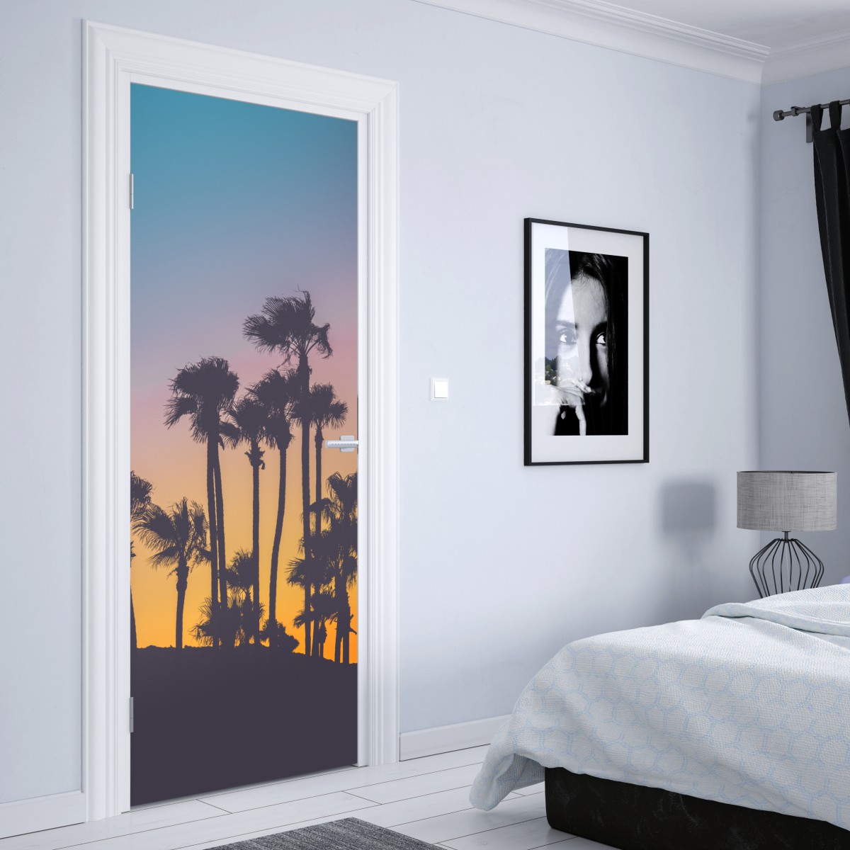 Naklejka na drzwi retro tropikalne palmy o zachodzie słońca – Wallissimo® Naklejka na drzwi retro tropikalne palmy o zachodzie słońca – Wallissimo®
