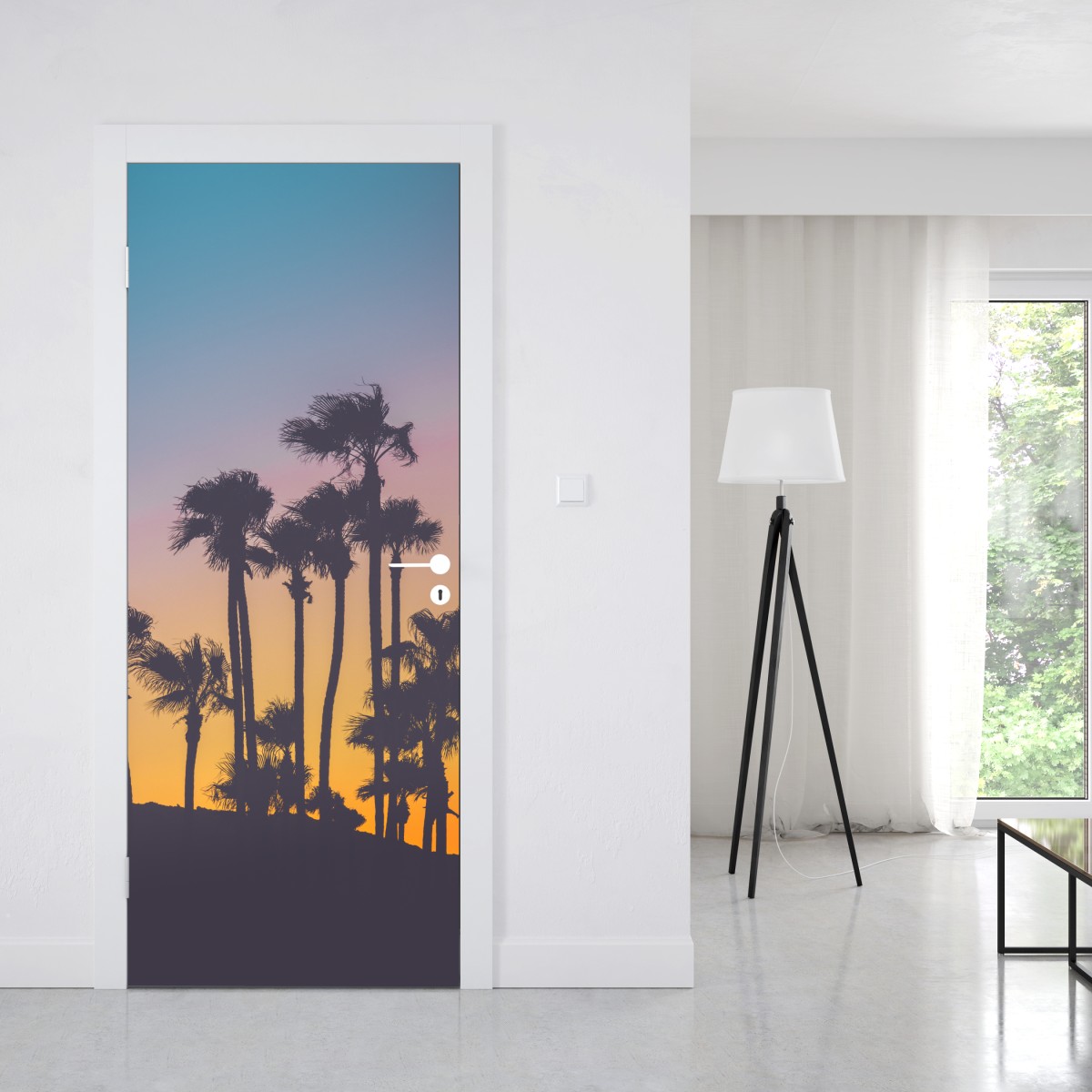 Naklejka na drzwi retro tropikalne palmy o zachodzie słońca – Wallissimo® Naklejka na drzwi retro tropikalne palmy o zachodzie słońca – Wallissimo®
