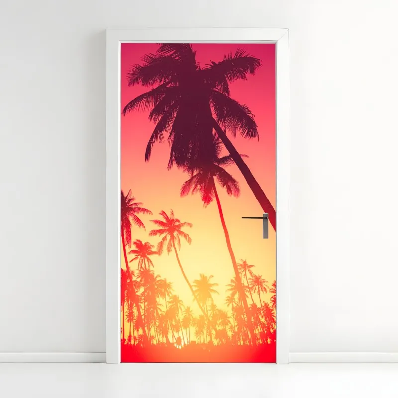 Naklejka na drzwi tropikalny zachód słońca z palmami