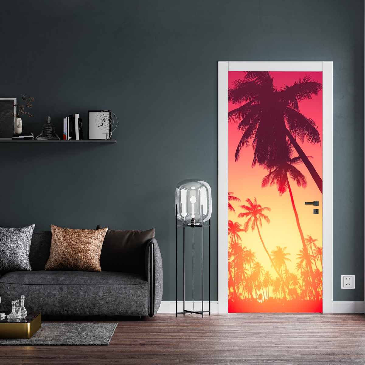 Naklejka na drzwi tropikalny zachód słońca z palmami – Wallissimo® Naklejka na drzwi tropikalny zachód słońca z palmami – Wallissimo®