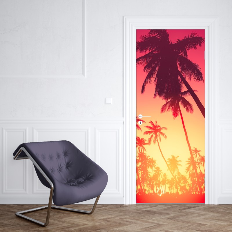 Naklejka na drzwi tropikalny zachód słońca z palmami – Wallissimo® Naklejka na drzwi tropikalny zachód słońca z palmami – Wallissimo®