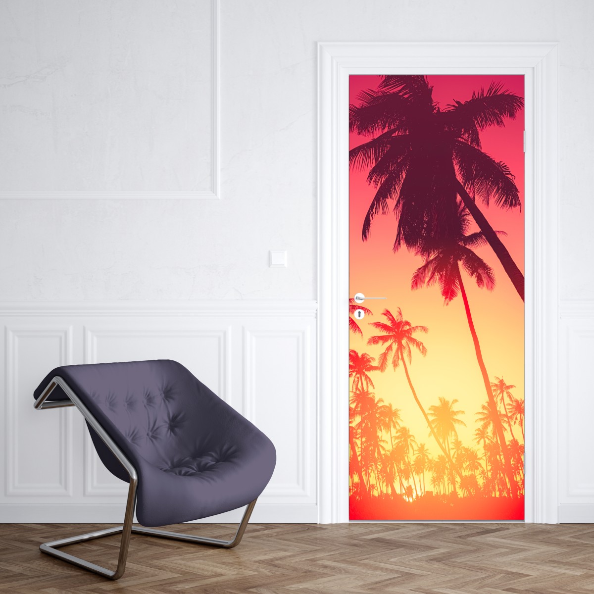 Naklejka na drzwi tropikalny zachód słońca z palmami – Wallissimo® Naklejka na drzwi tropikalny zachód słońca z palmami – Wallissimo®