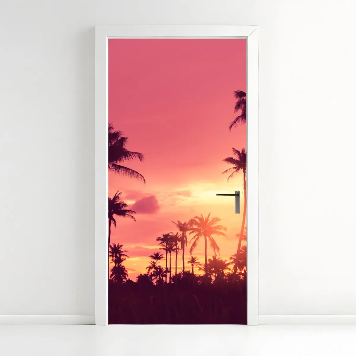 Naklejka na drzwi różowy tropikalny zachód słońca z palmami – Wallissimo® Naklejka na drzwi różowy tropikalny zachód słońca z palmami – Wallissimo®