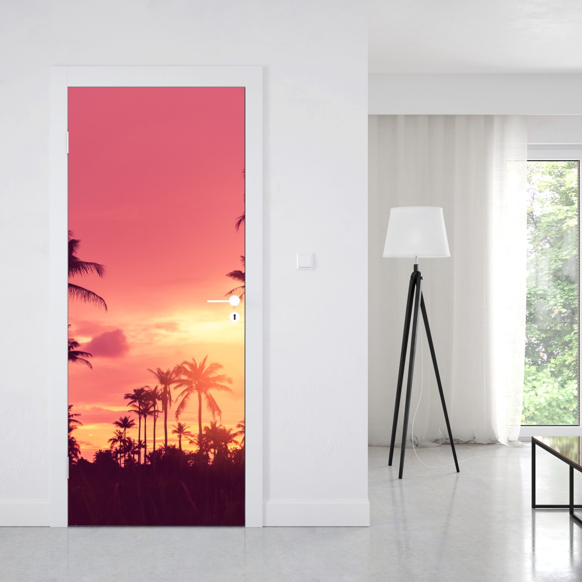 Naklejka na drzwi różowy tropikalny zachód słońca z palmami – Wallissimo® Naklejka na drzwi różowy tropikalny zachód słońca z palmami – Wallissimo®