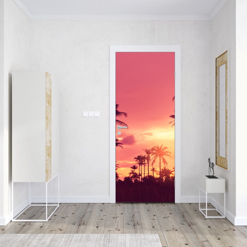 Naklejka na drzwi różowy tropikalny zachód słońca z palmami – Wallissimo® Naklejka na drzwi różowy tropikalny zachód słońca z palmami – Wallissimo®