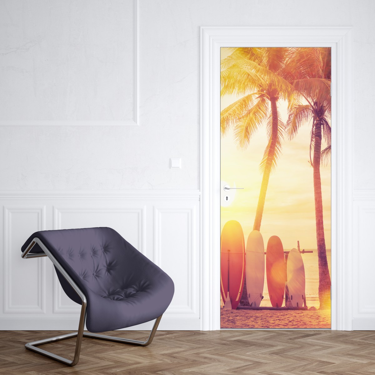 Naklejka na drzwi tropikalny zachód słońca z deskami surfingowymi – Wallissimo® Naklejka na drzwi tropikalny zachód słońca z deskami surfingowymi – Wallissimo®