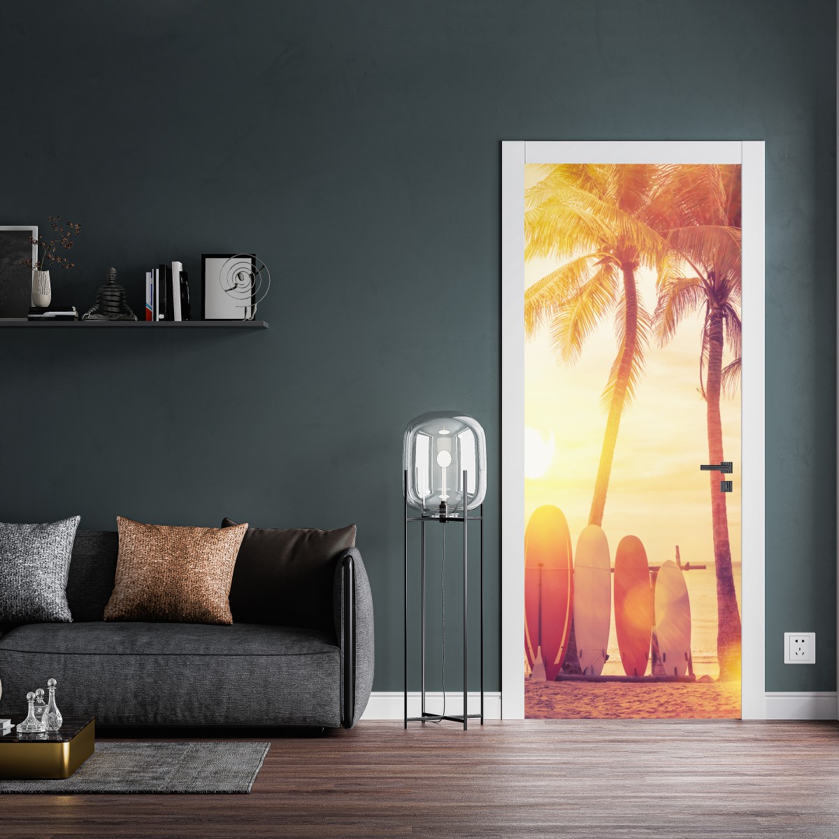 Naklejka na drzwi tropikalny zachód słońca z deskami surfingowymi – Wallissimo® Naklejka na drzwi tropikalny zachód słońca z deskami surfingowymi – Wallissimo®