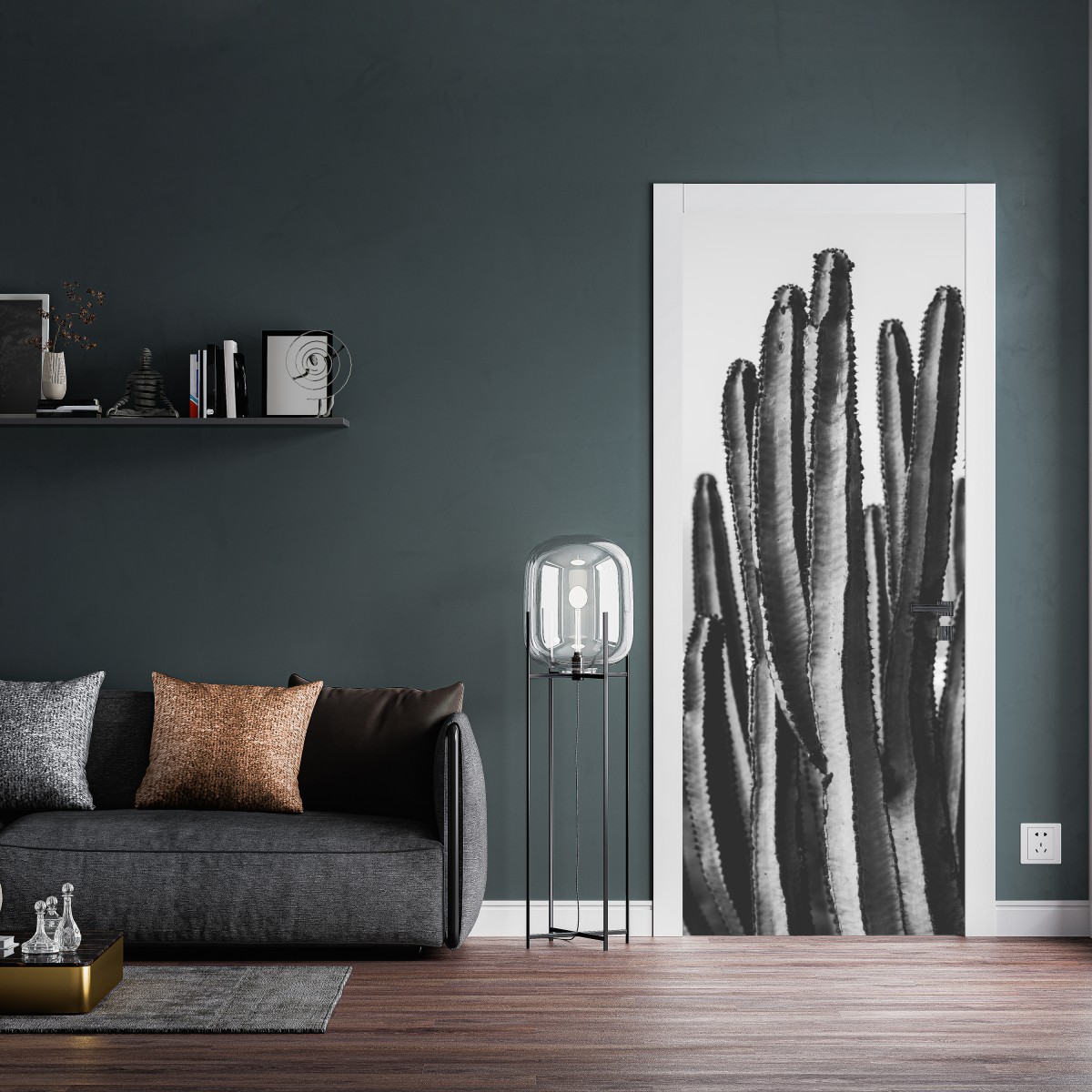 Naklejka na drzwi czarno-biały kaktus w zbliżeniu – Wallissimo® Naklejka na drzwi czarno-biały kaktus w zbliżeniu – Wallissimo®