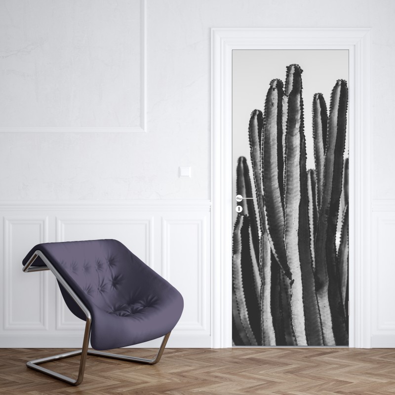 Naklejka na drzwi czarno-biały kaktus w zbliżeniu – Wallissimo® Naklejka na drzwi czarno-biały kaktus w zbliżeniu – Wallissimo®