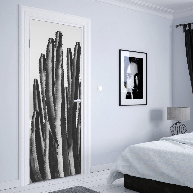 Naklejka na drzwi czarno-biały kaktus w zbliżeniu – Wallissimo® Naklejka na drzwi czarno-biały kaktus w zbliżeniu – Wallissimo®