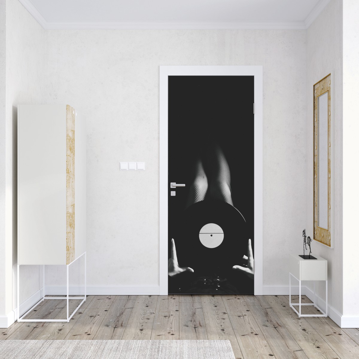 Naklejka na drzwi płyta winylowa i nogi w kabaretkach – Wallissimo® Naklejka na drzwi płyta winylowa i nogi w kabaretkach – Wallissimo®