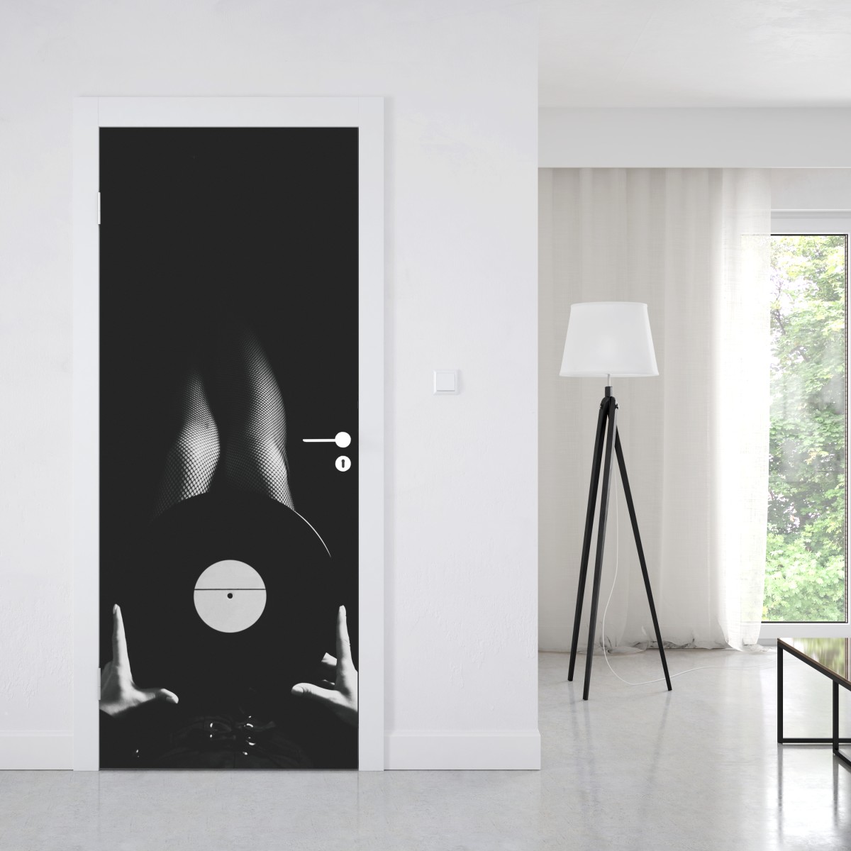 Naklejka na drzwi płyta winylowa i nogi w kabaretkach – Wallissimo® Naklejka na drzwi płyta winylowa i nogi w kabaretkach – Wallissimo®