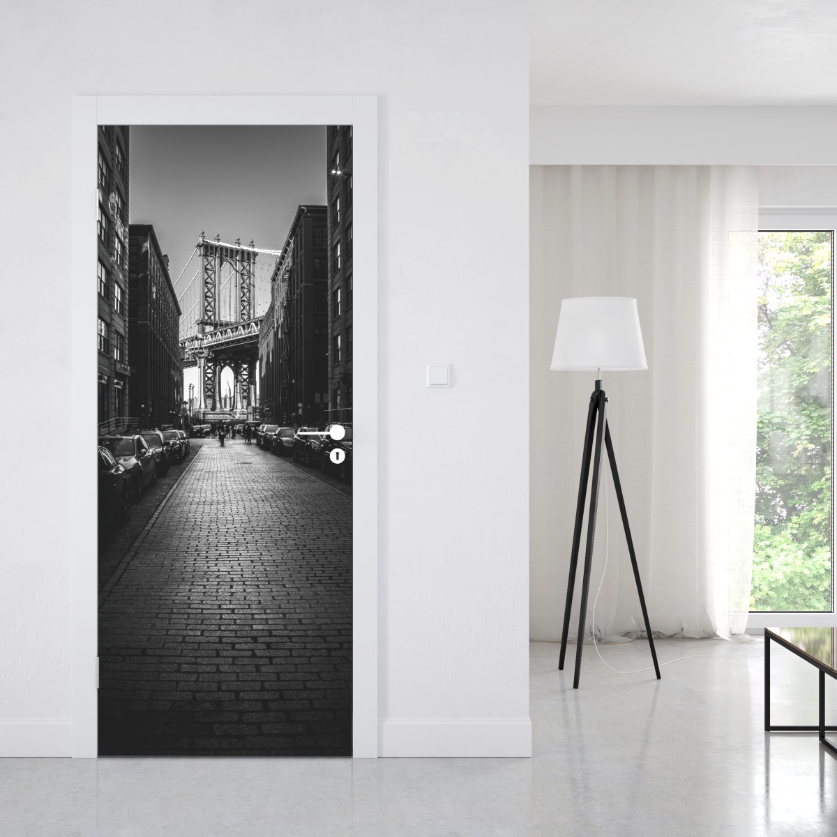 Naklejka na drzwi most Manhattan w kadrze brukowanej ulicy – Wallissimo® Naklejka na drzwi most Manhattan w kadrze brukowanej ulicy – Wallissimo®