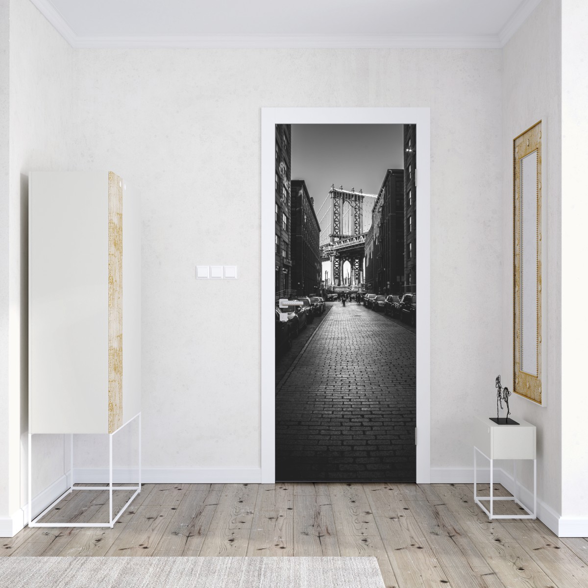 Naklejka na drzwi most Manhattan w kadrze brukowanej ulicy – Wallissimo® Naklejka na drzwi most Manhattan w kadrze brukowanej ulicy – Wallissimo®