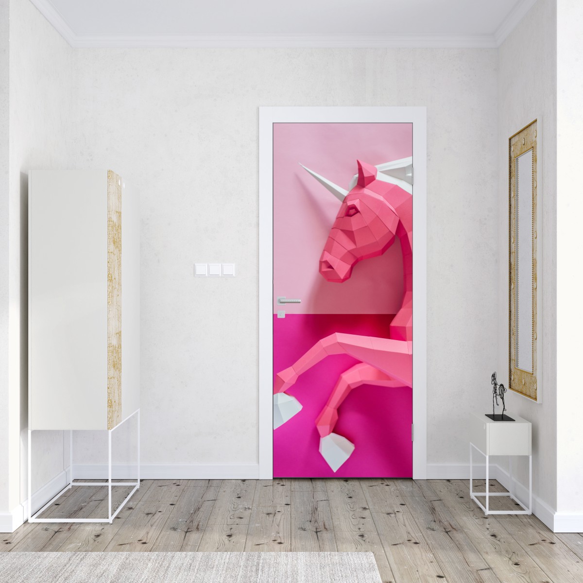 Naklejka na drzwi różowy geometryczny jednorożec – Wallissimo® Naklejka na drzwi różowy geometryczny jednorożec – Wallissimo®