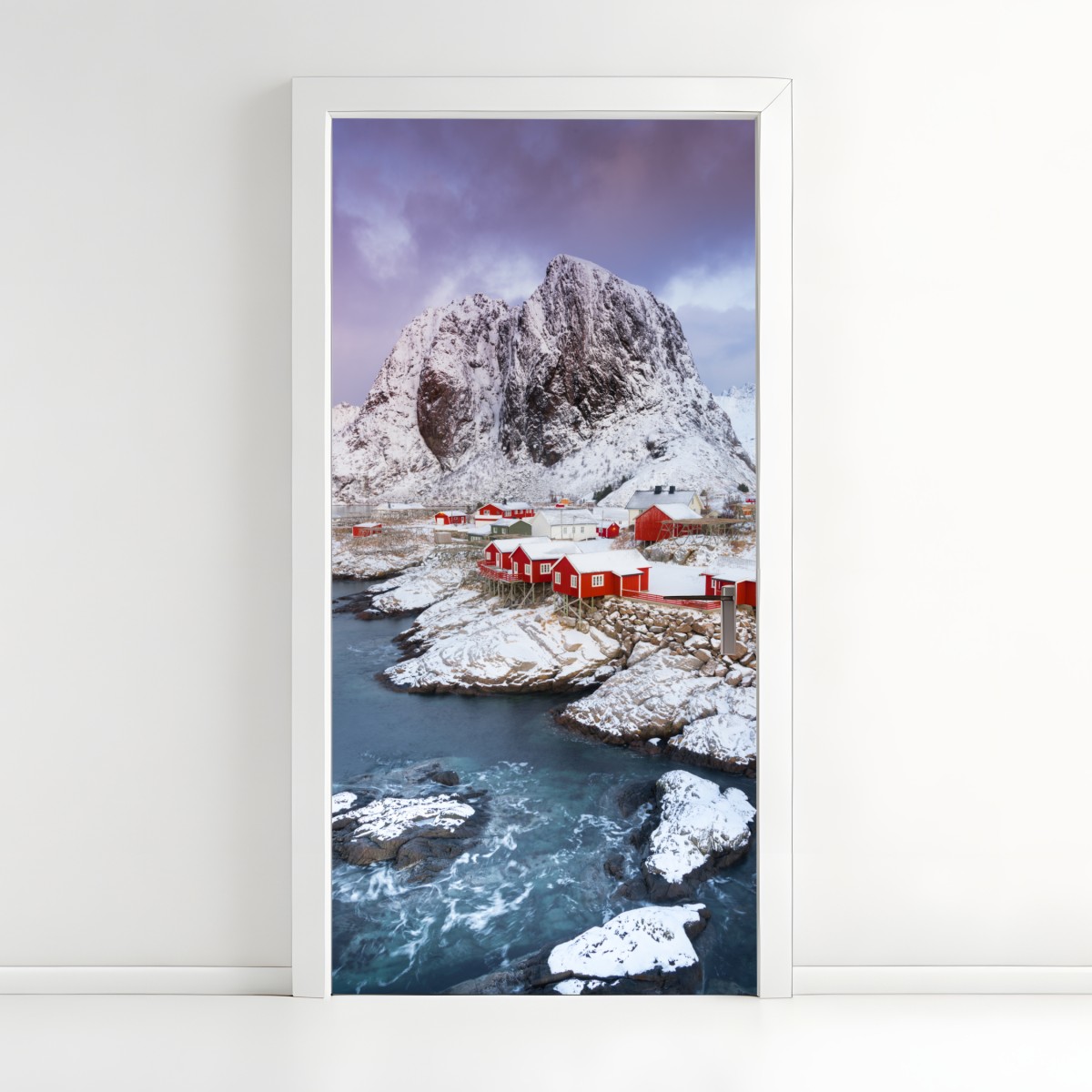 Door sticker red coastal cabins beneath snowy mountain – Wallissimo®