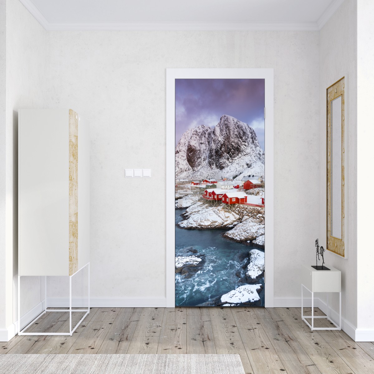 Naklejka na drzwi czerwone domki nad zaśnieżoną górą – Wallissimo® Naklejka na drzwi czerwone domki nad zaśnieżoną górą – Wallissimo®