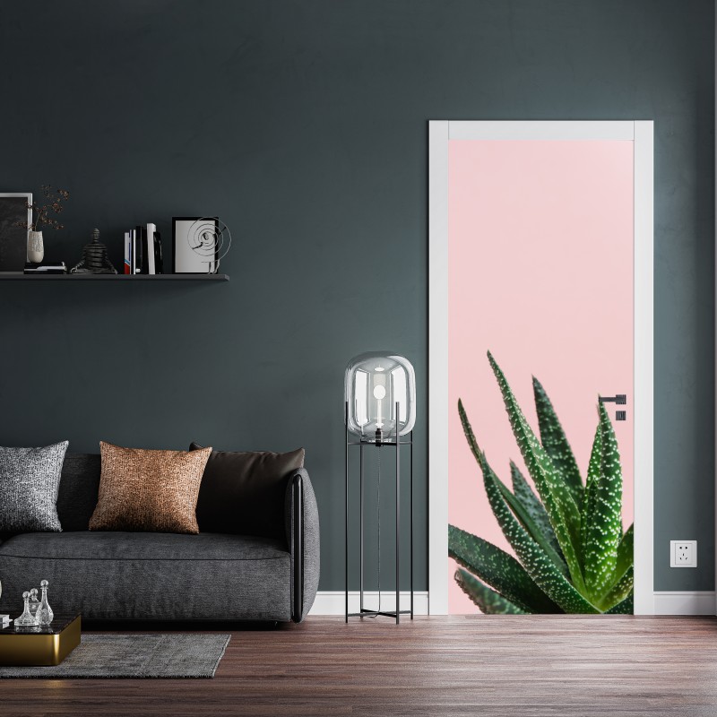 Naklejka na drzwi zielony aloes na różowym tle – Wallissimo® Naklejka na drzwi zielony aloes na różowym tle – Wallissimo®