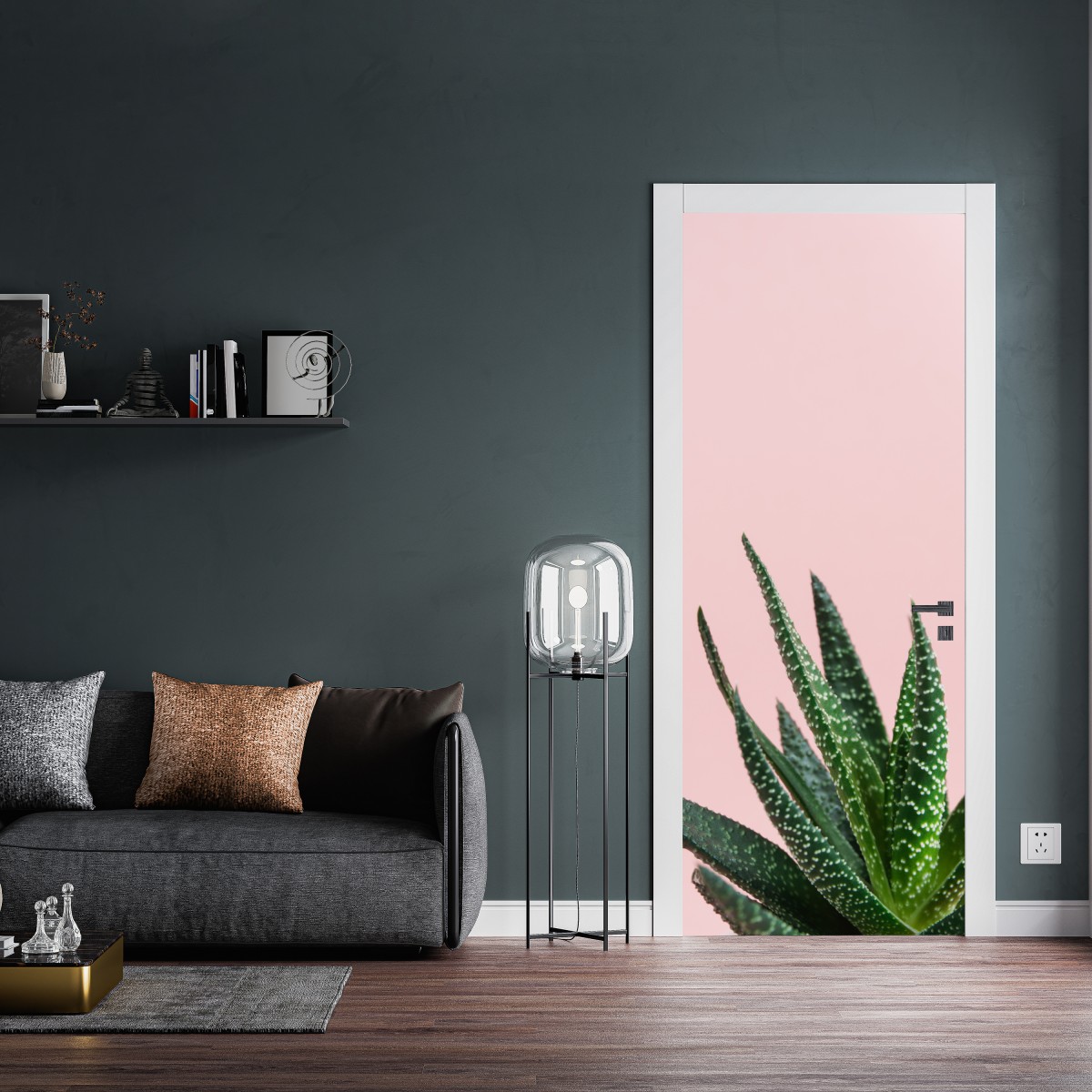 Naklejka na drzwi zielony aloes na różowym tle – Wallissimo® Naklejka na drzwi zielony aloes na różowym tle – Wallissimo®