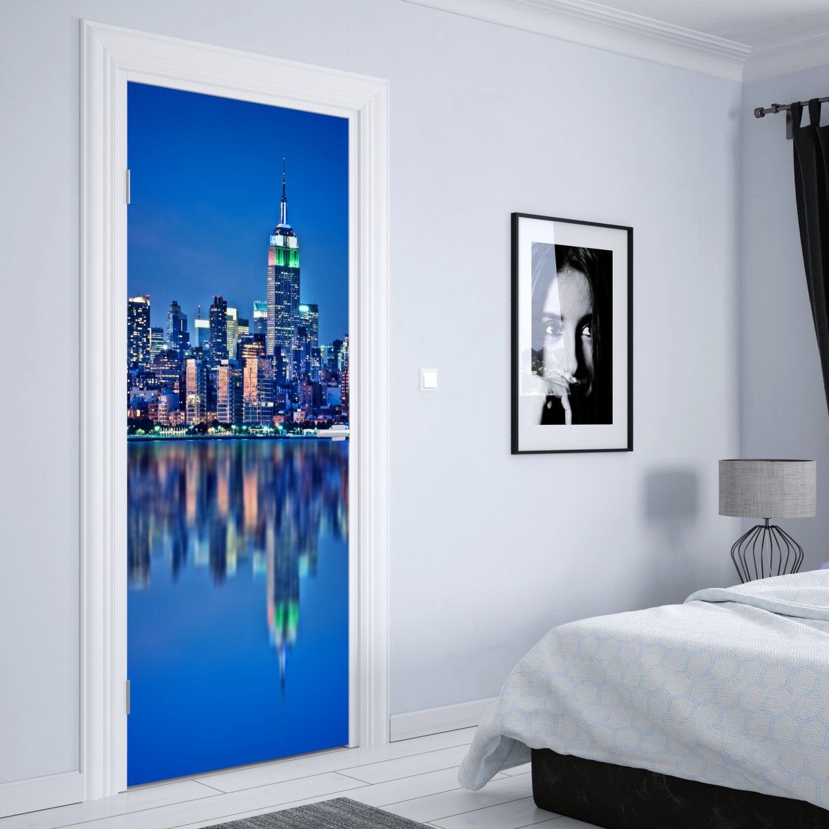 Naklejka na drzwi Nowy Jork nocna panorama z odbiciem – Wallissimo® Naklejka na drzwi Nowy Jork nocna panorama z odbiciem – Wallissimo®