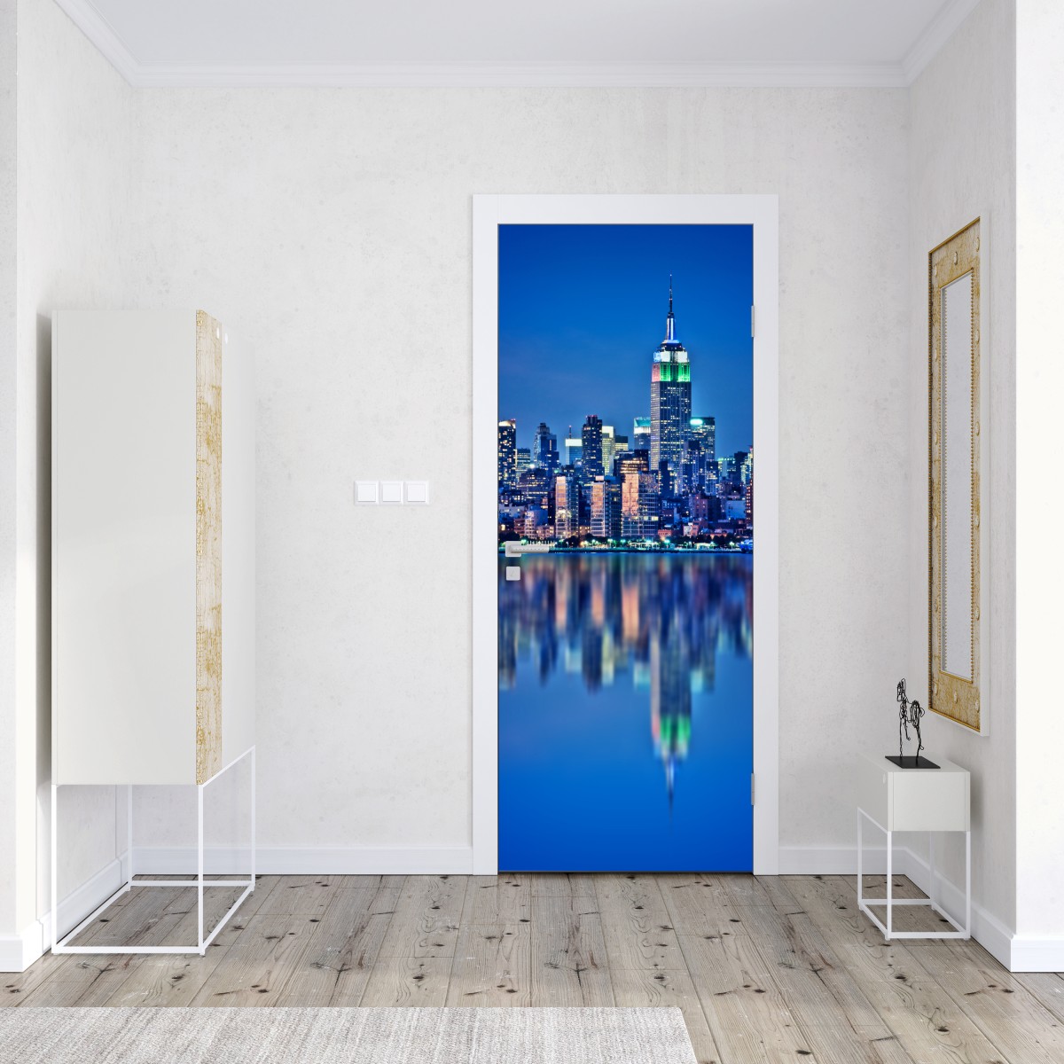 Naklejka na drzwi Nowy Jork nocna panorama z odbiciem – Wallissimo® Naklejka na drzwi Nowy Jork nocna panorama z odbiciem – Wallissimo®
