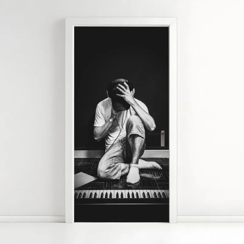 Naklejka na drzwi złoty kwiatowy ornament na granatowym tle – Wallissimo®