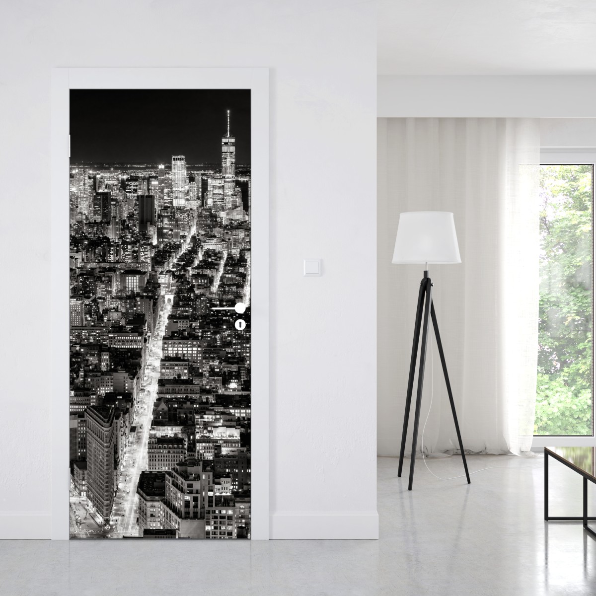 Naklejka na drzwi monochromatyczna panorama miasta nocą – Wallissimo® Naklejka na drzwi monochromatyczna panorama miasta nocą – Wallissimo®