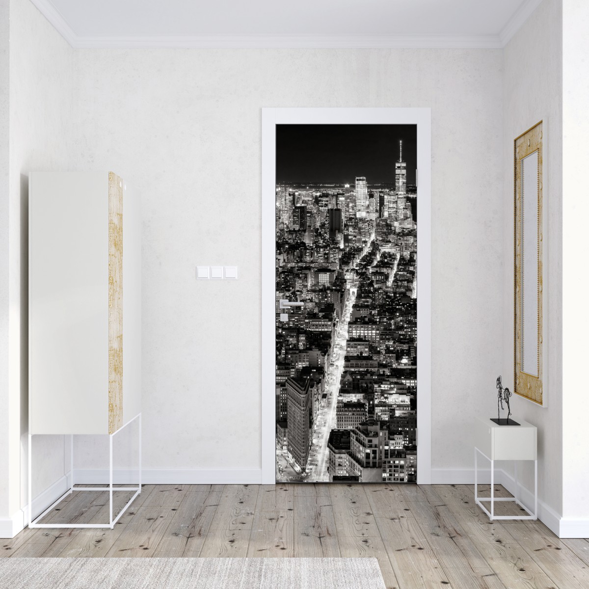 Naklejka na drzwi monochromatyczna panorama miasta nocą – Wallissimo® Naklejka na drzwi monochromatyczna panorama miasta nocą – Wallissimo®